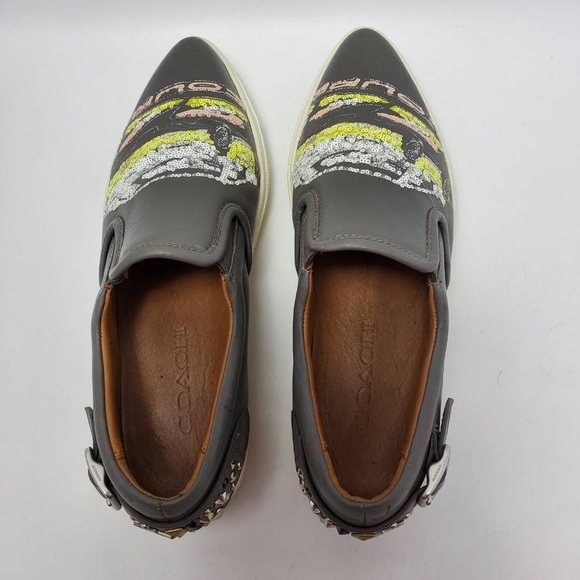 Coach Slip On Shoe C103 Sequin Studded Buckle Gray Sneakers Pointy Toe Sz 6.5 B - Picture 4 of 12
